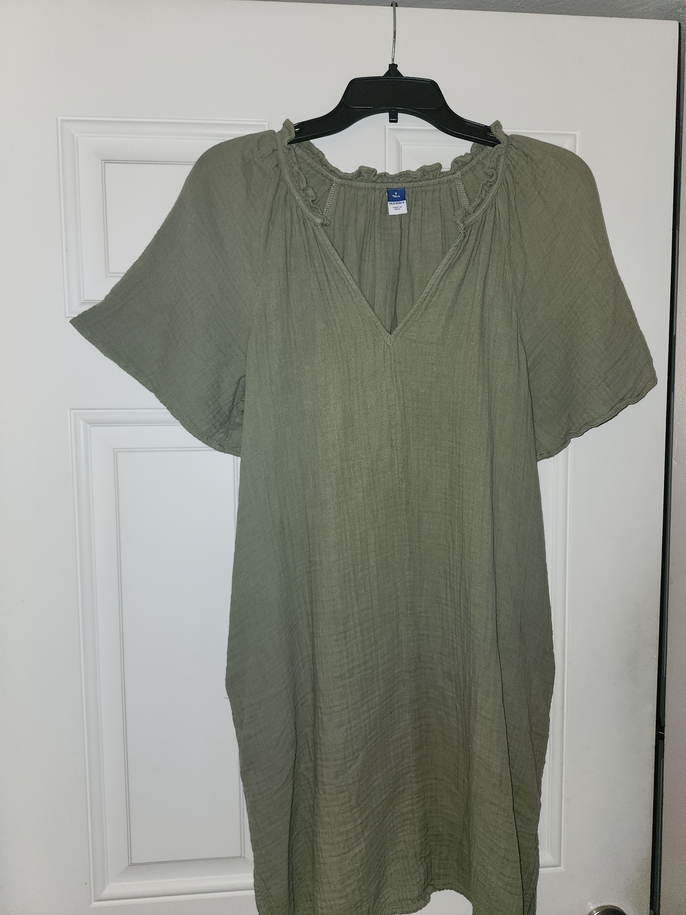 Old Navy Olive Green Cotton Crinkle Gauze Flutter Sleeve Dress - S Tall